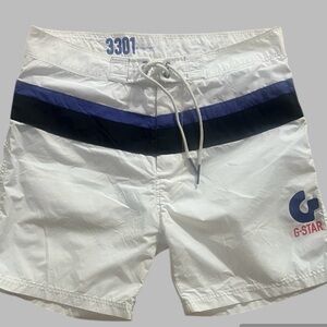 G-Star Raw 3301 Men Medium‎ White Blue Stripes Mesh Lined Swim Trunks